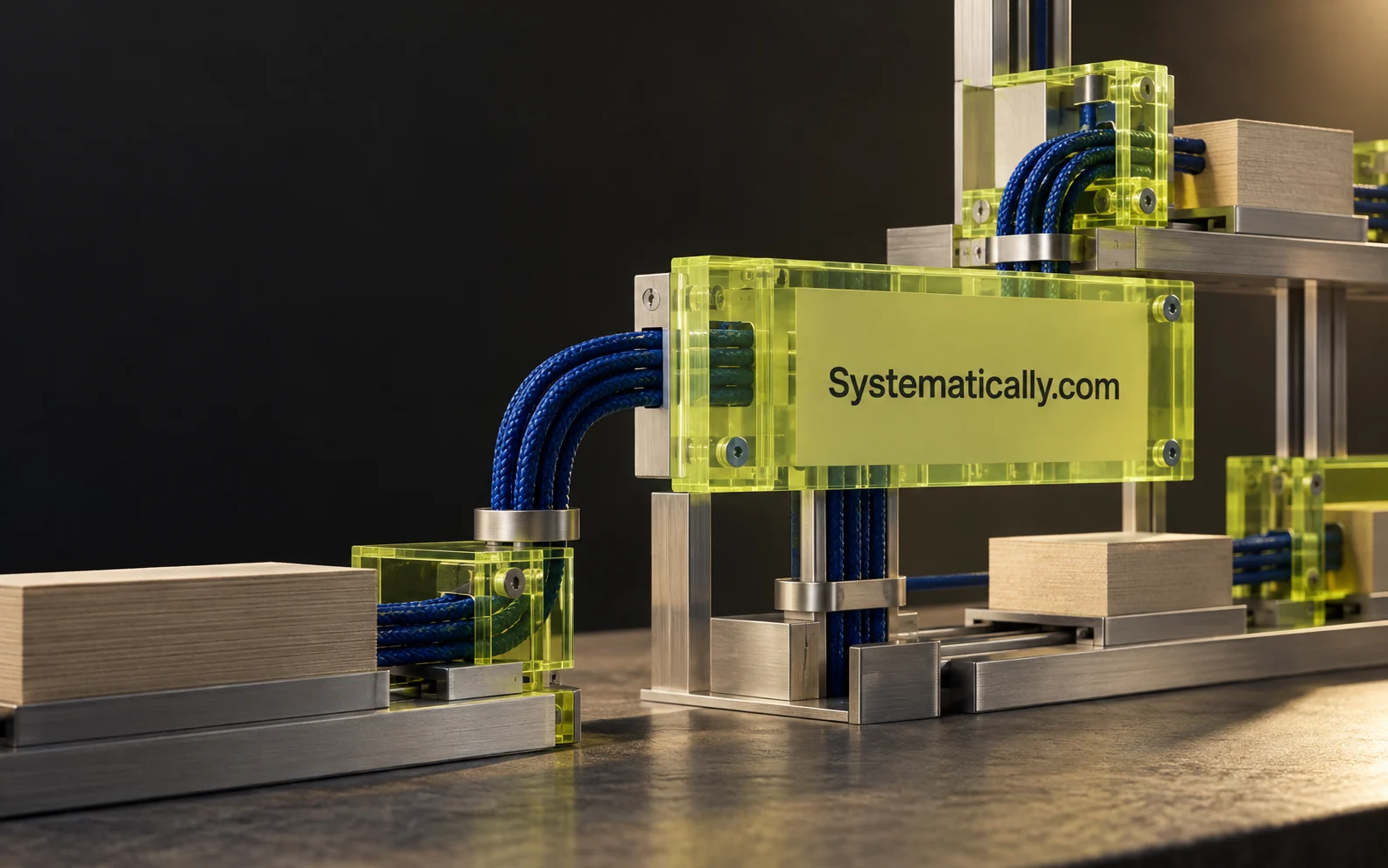 Systematically.com on a chartreuse architectural module with cobalt routes