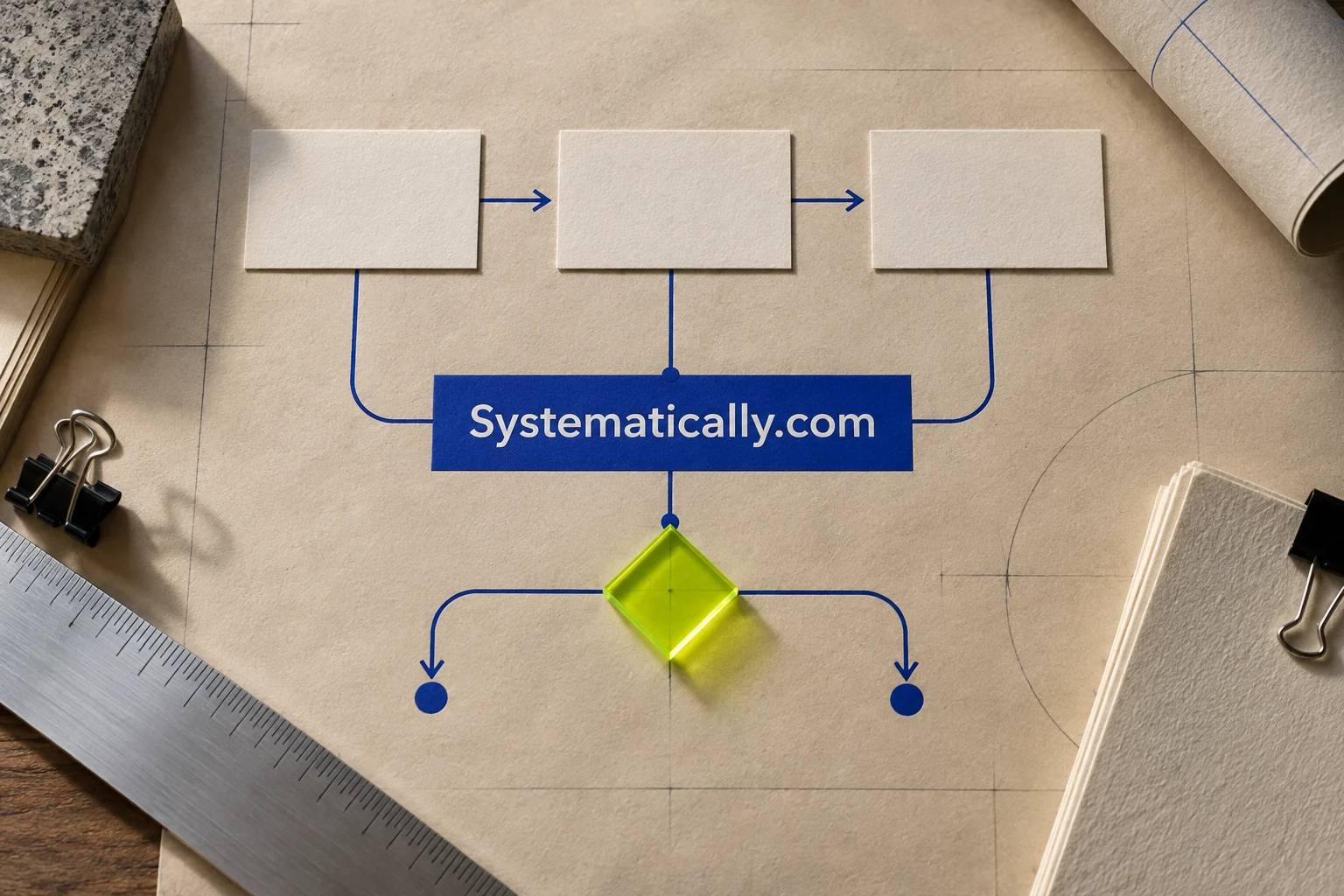 Systematically.com centered on a process map with cobalt arrows and a chartreuse decision marker